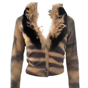 Roberto Cavalli Tiger Savage Fox Fur Collar Cardigan Sweater S M L